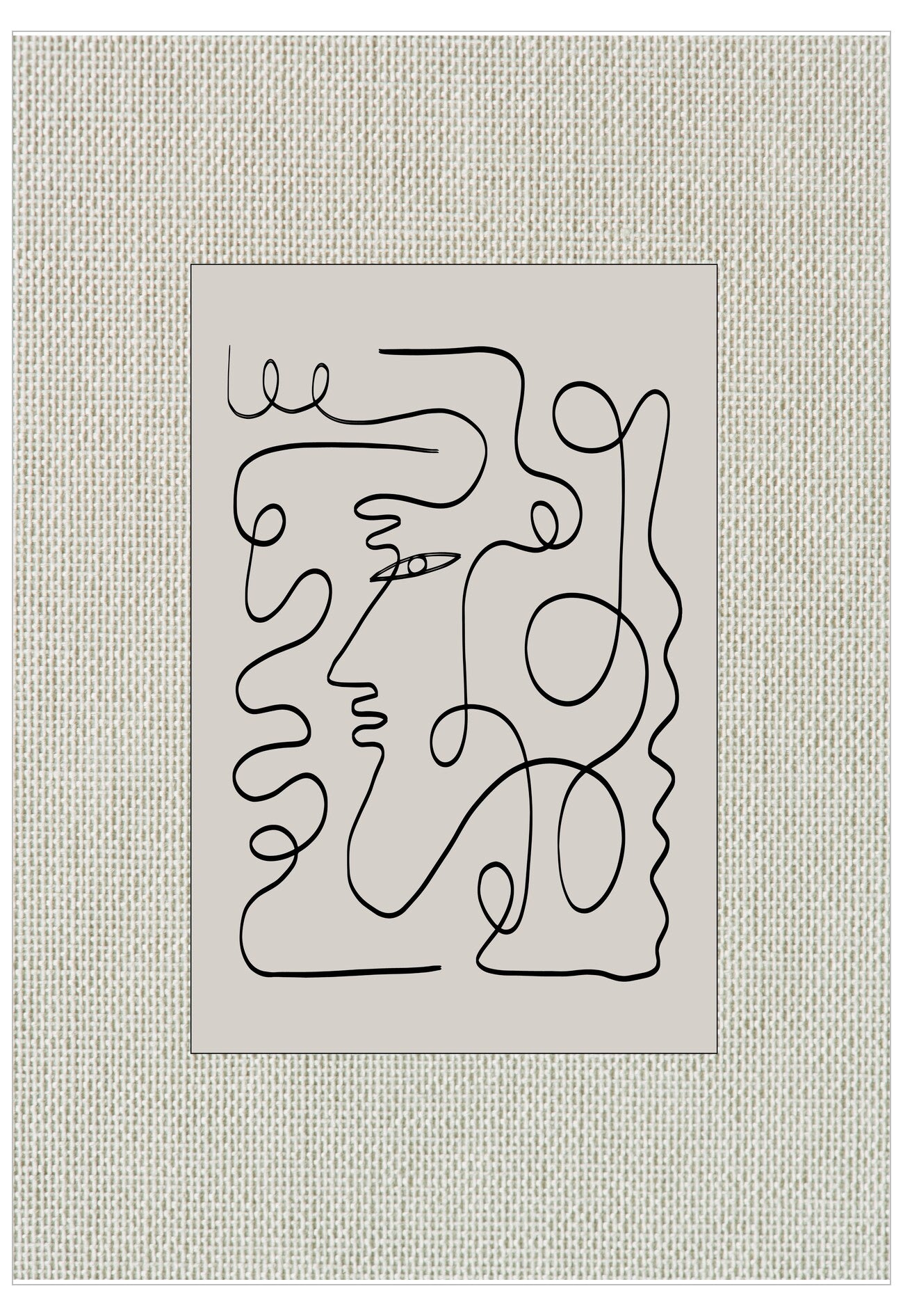 Abstract line art of a face on a textured beige background