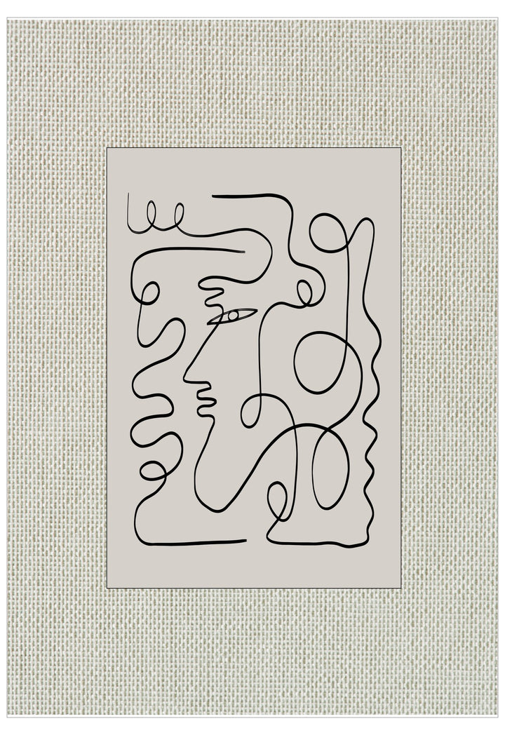 Abstract line art of a face on a textured beige background