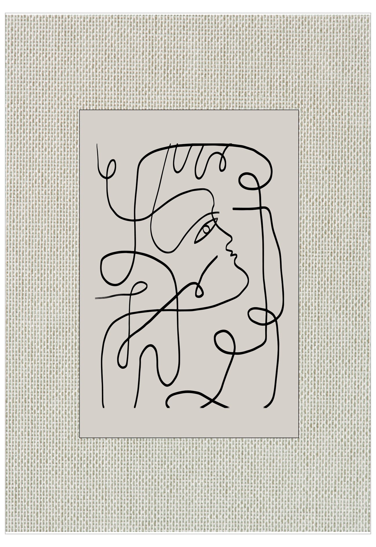 Abstract line art of a face on a textured beige background