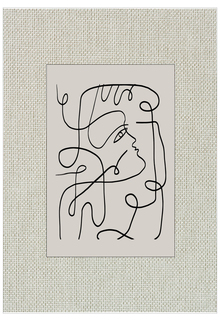 Abstract line art of a face on a textured beige background