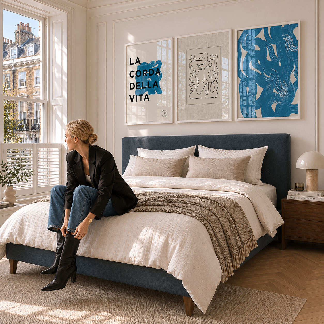 Woman sitting on a bed in a stylish bedroom with abstract art on the wall.