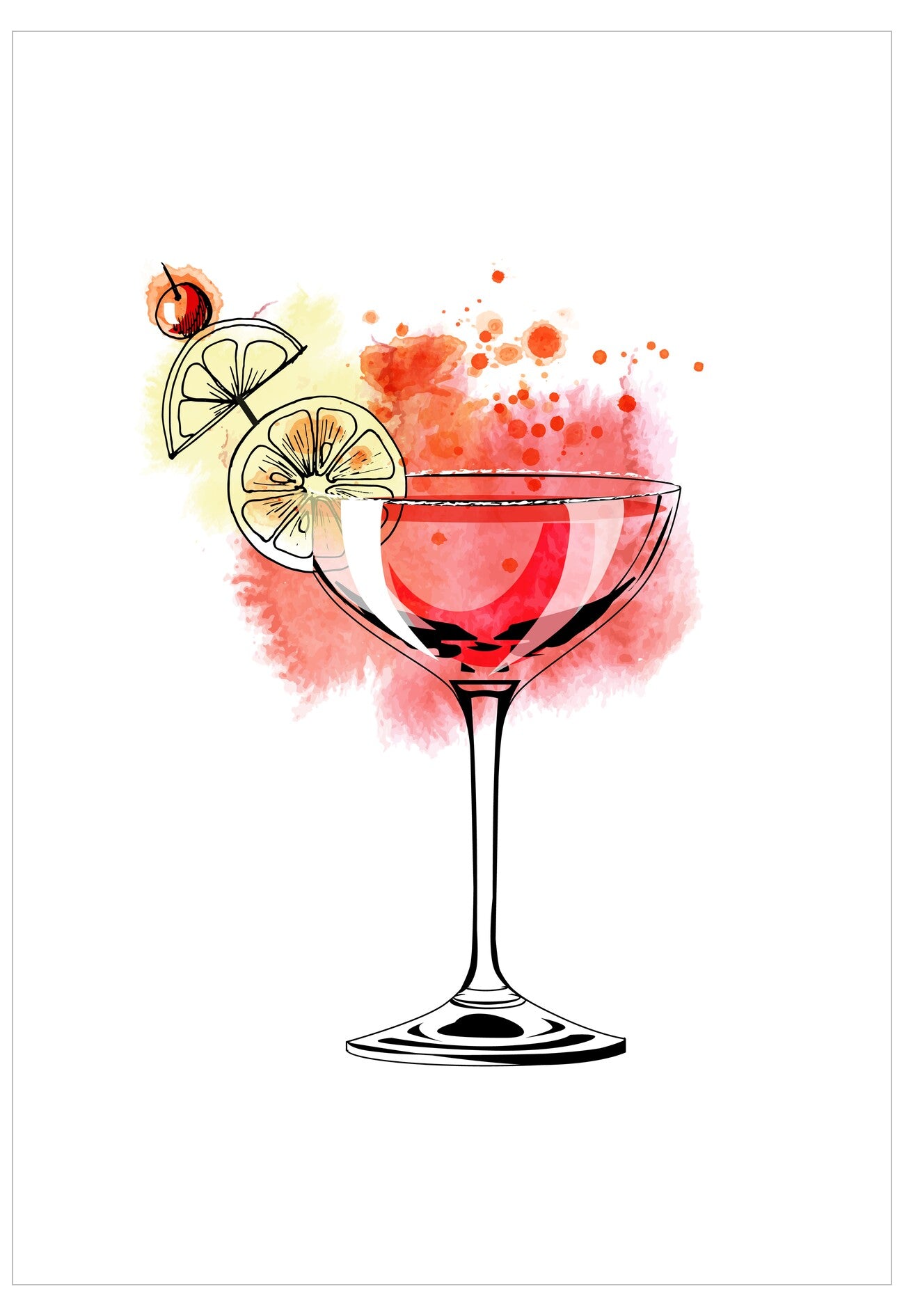 Artistic illustration of a cocktail glass with lemon slices and red liquid on a white background