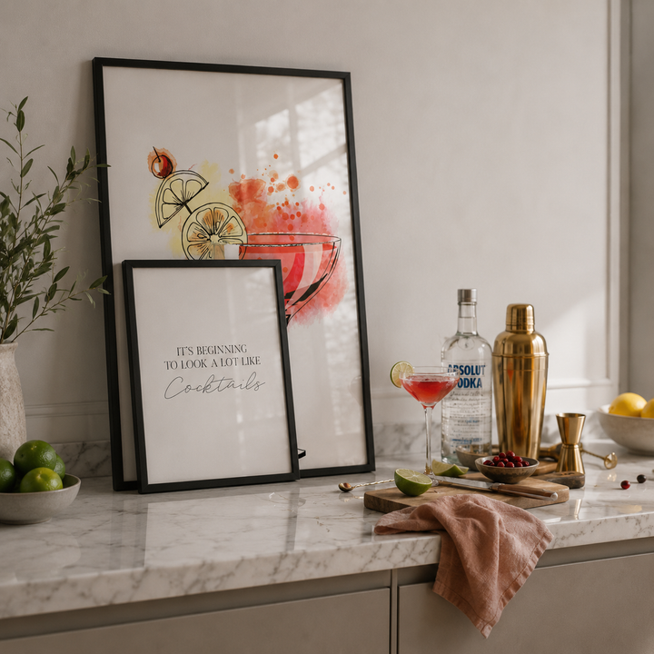 Cocktail posters in stylish kitchen