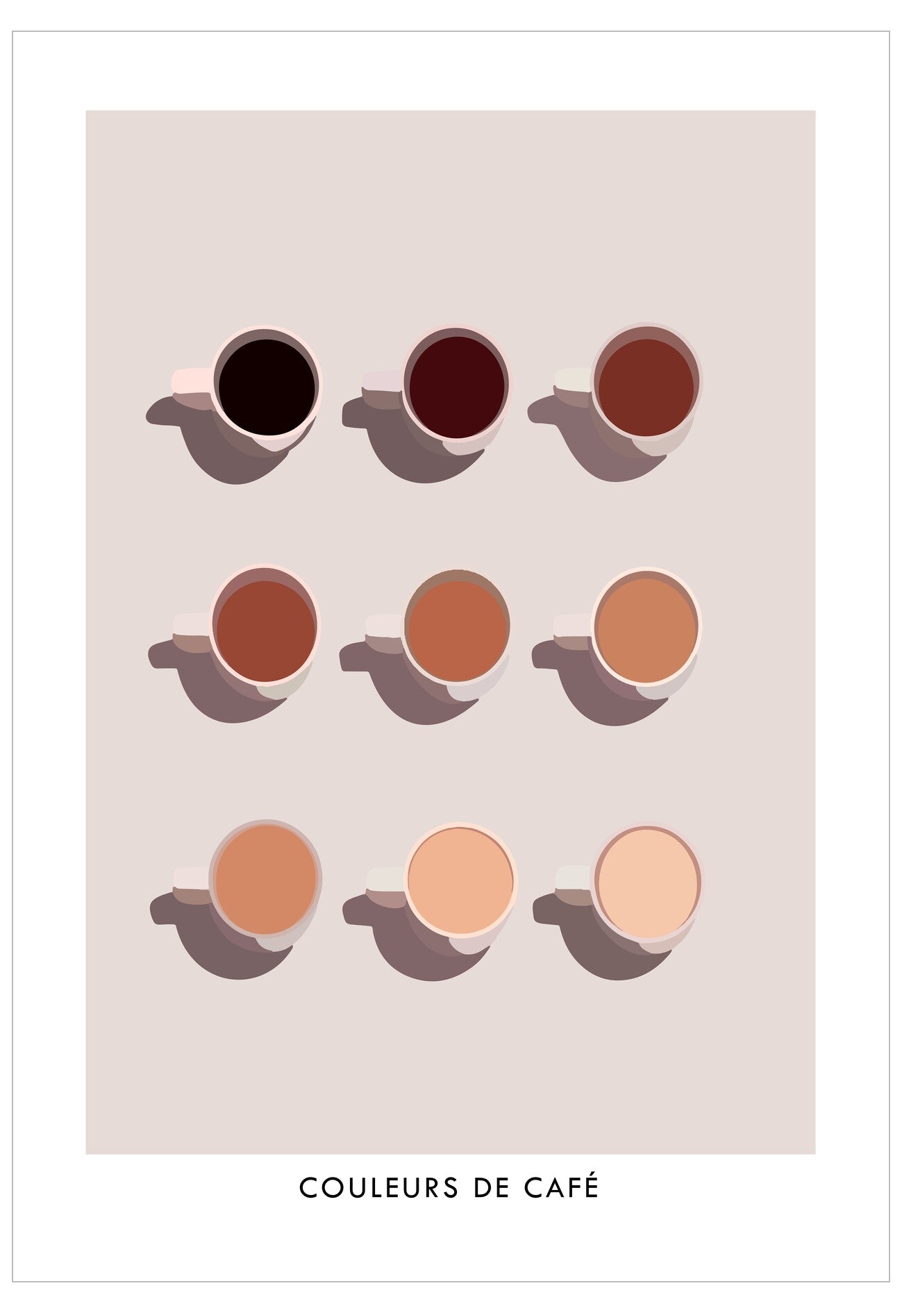 Poster with coffee cup illustrations in various colors on a beige background, featuring the brand 'Couleurs de Cafe'.