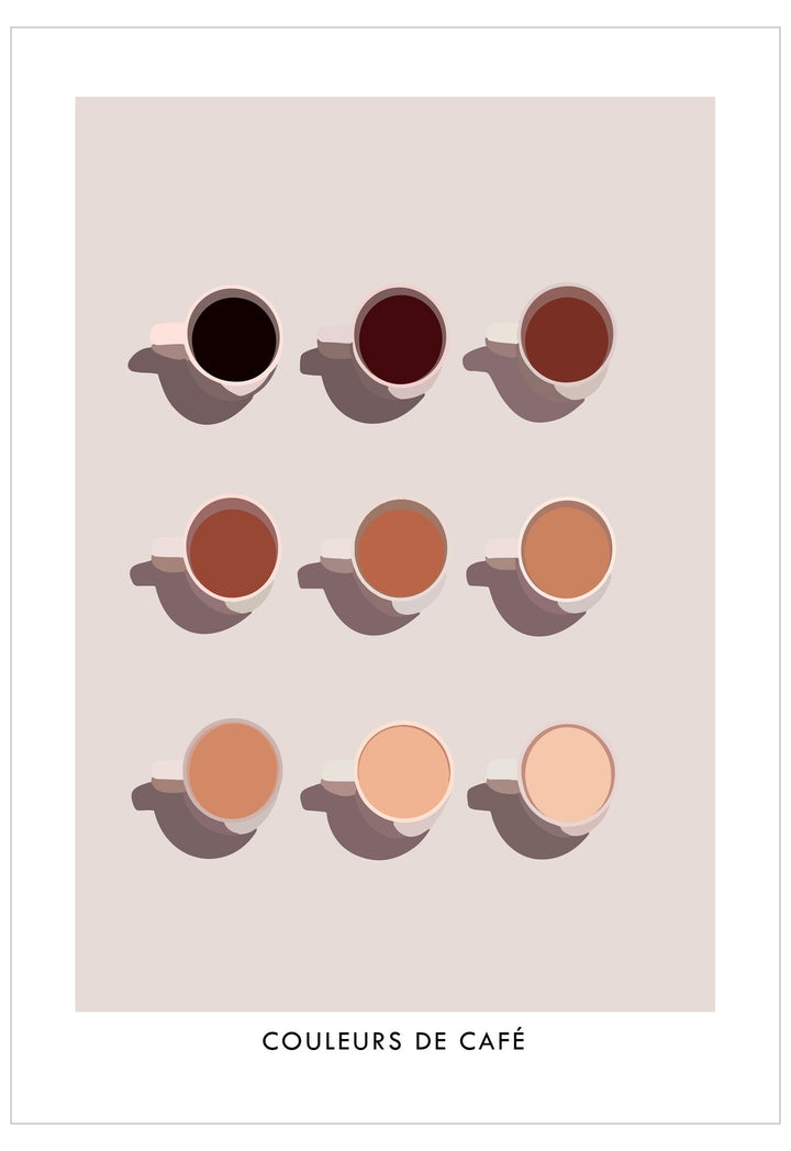 Poster with coffee cup illustrations in various colors on a beige background, featuring the brand 'Couleurs de Cafe'.