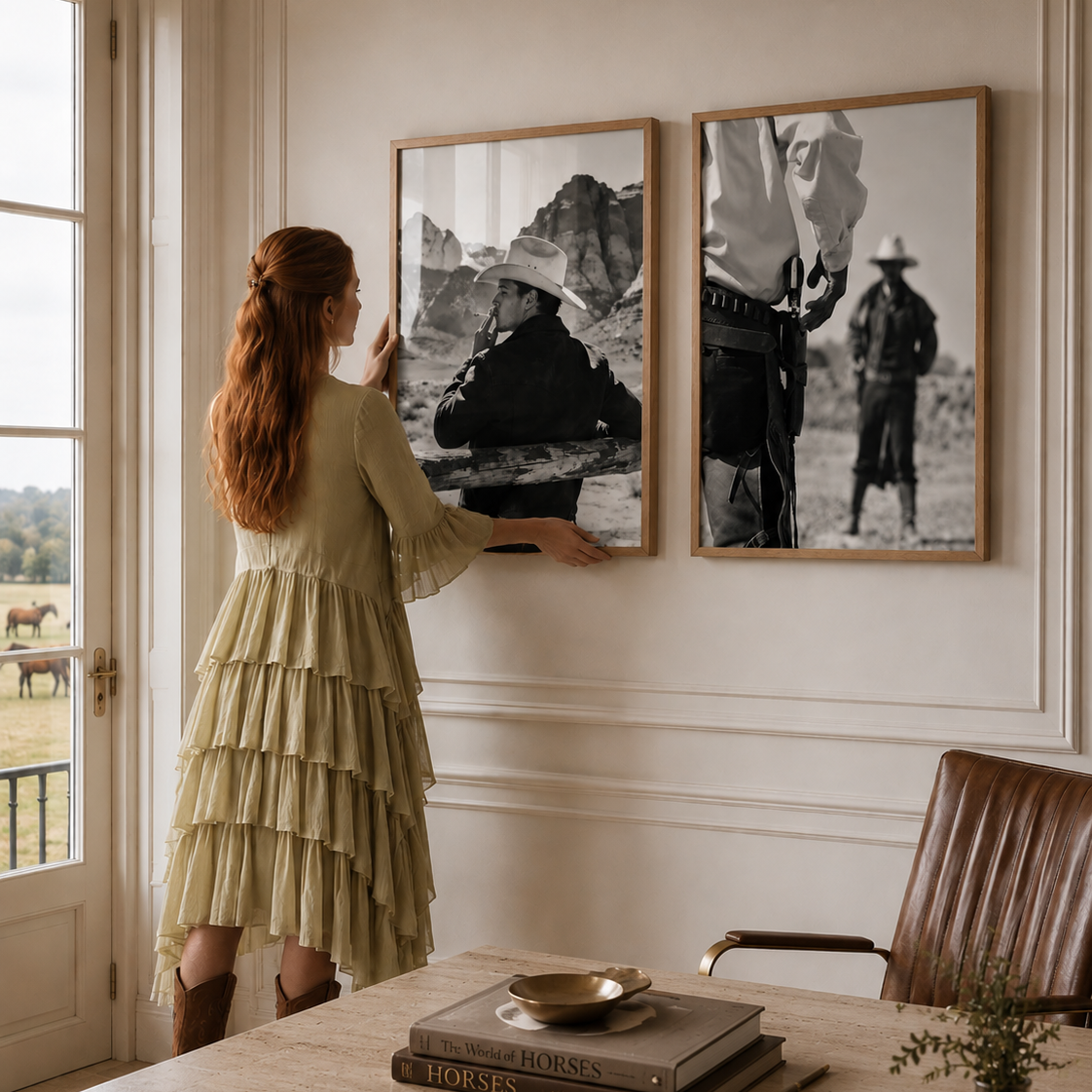 A woman in a haze green All Saints tiered dress and brown suede cowboy stands in a room, adjusting a framed black-and-white Cowboy art print on a cream wall. A second matching framed print hangs beside it.