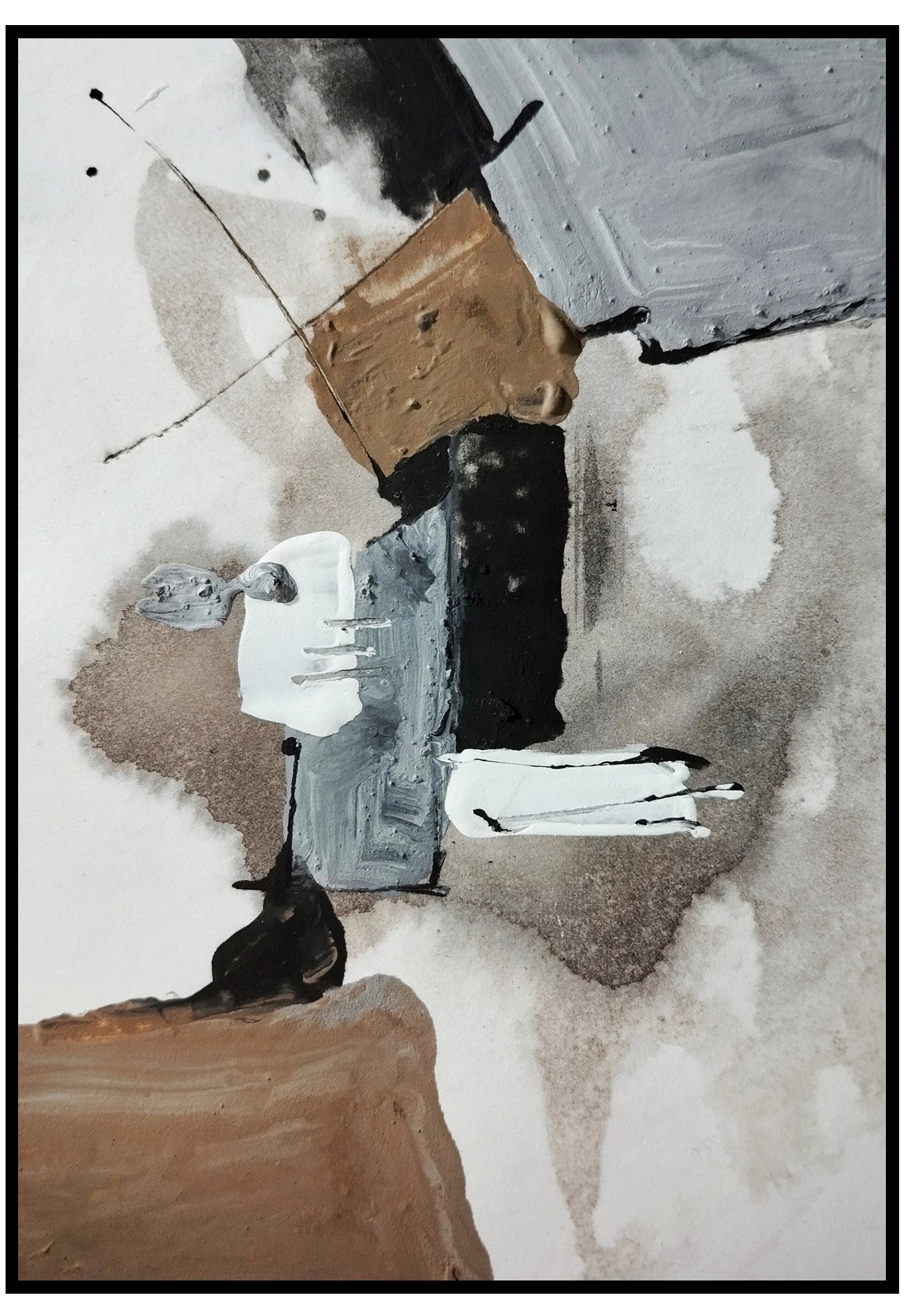 Abstract art piece with brown, black, and white elements on a textured background