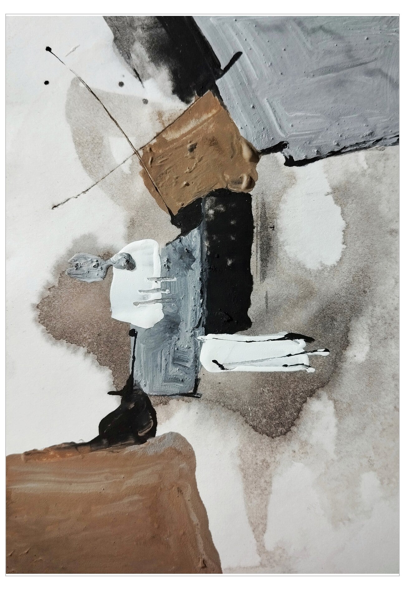 Abstract art piece with various shapes and colors on a textured background