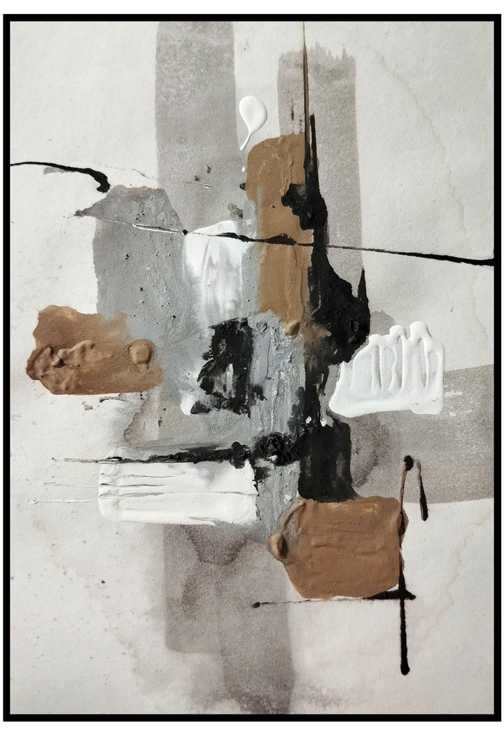 Abstract art piece with brown, black, and white colors on a light background