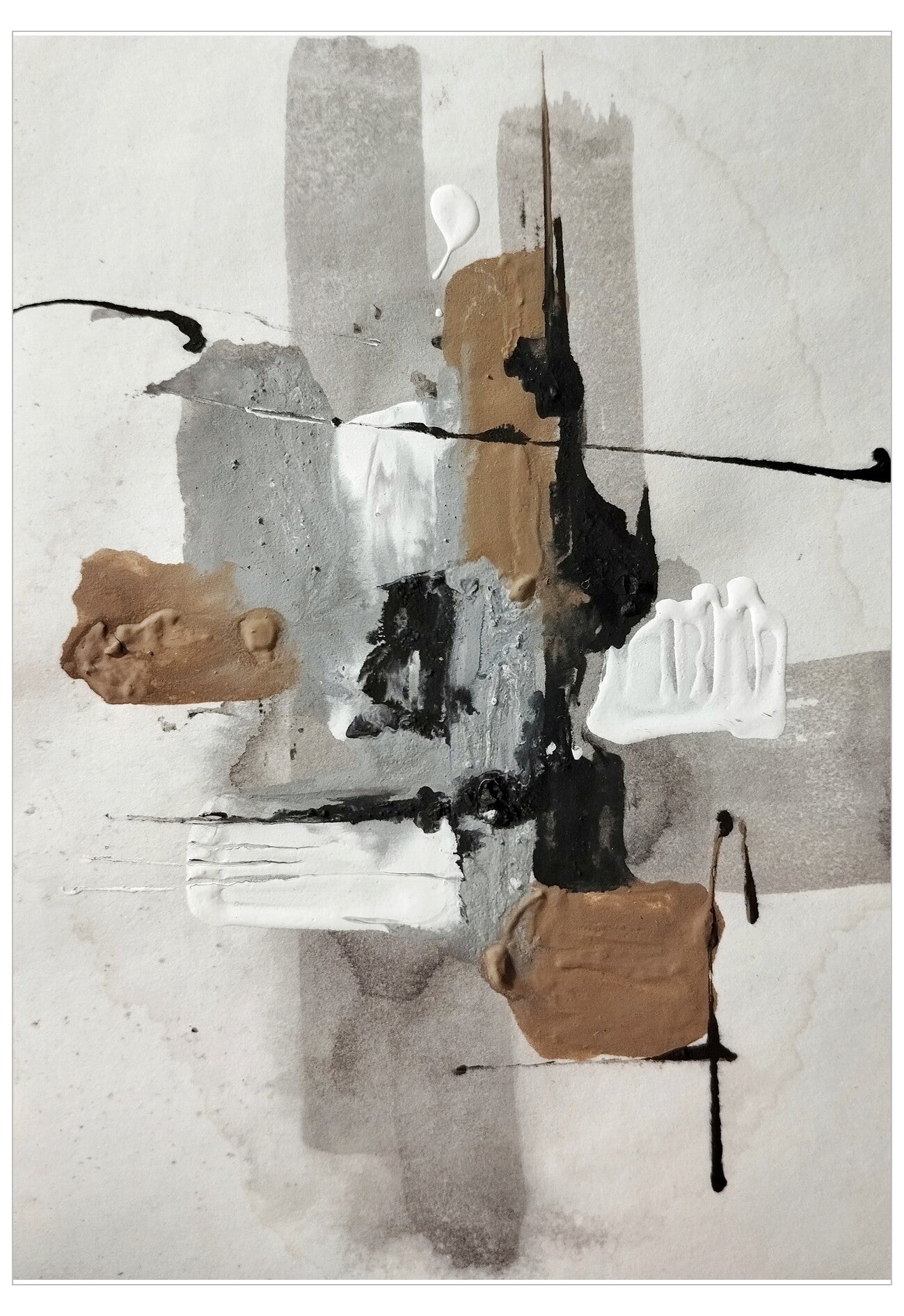 Abstract art piece with geometric shapes and black lines on a light background