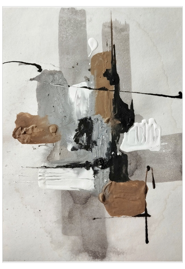Abstract art piece with geometric shapes and black lines on a light background