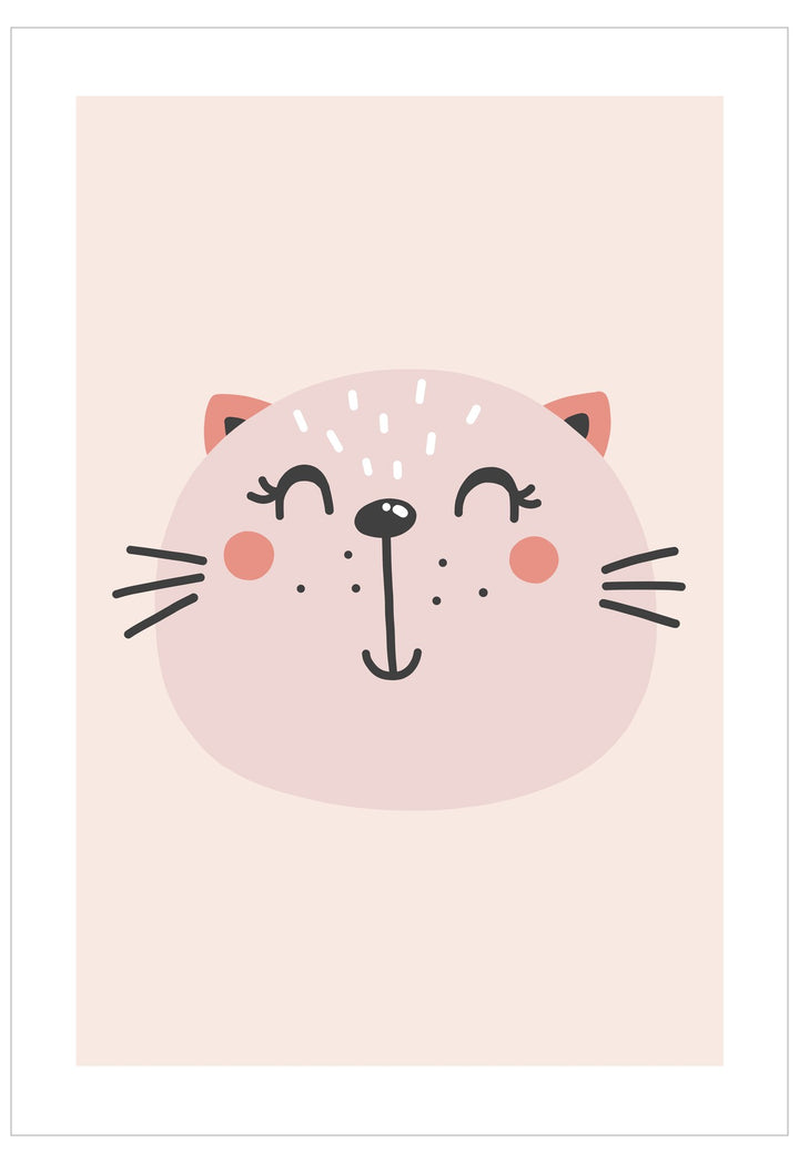 Cartoon cat face design on a pink background