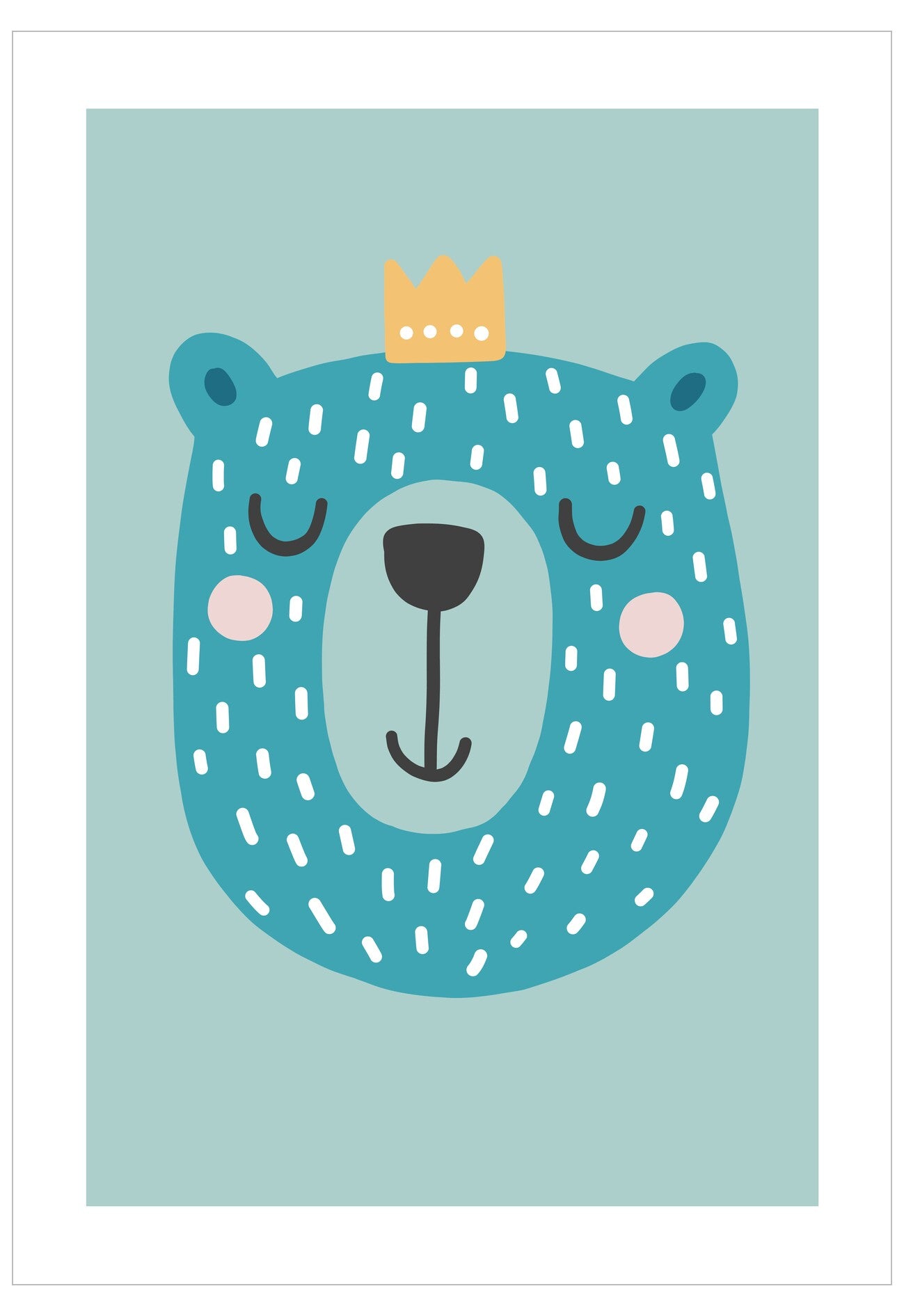 Cartoon bear face with a crown on a light blue background
