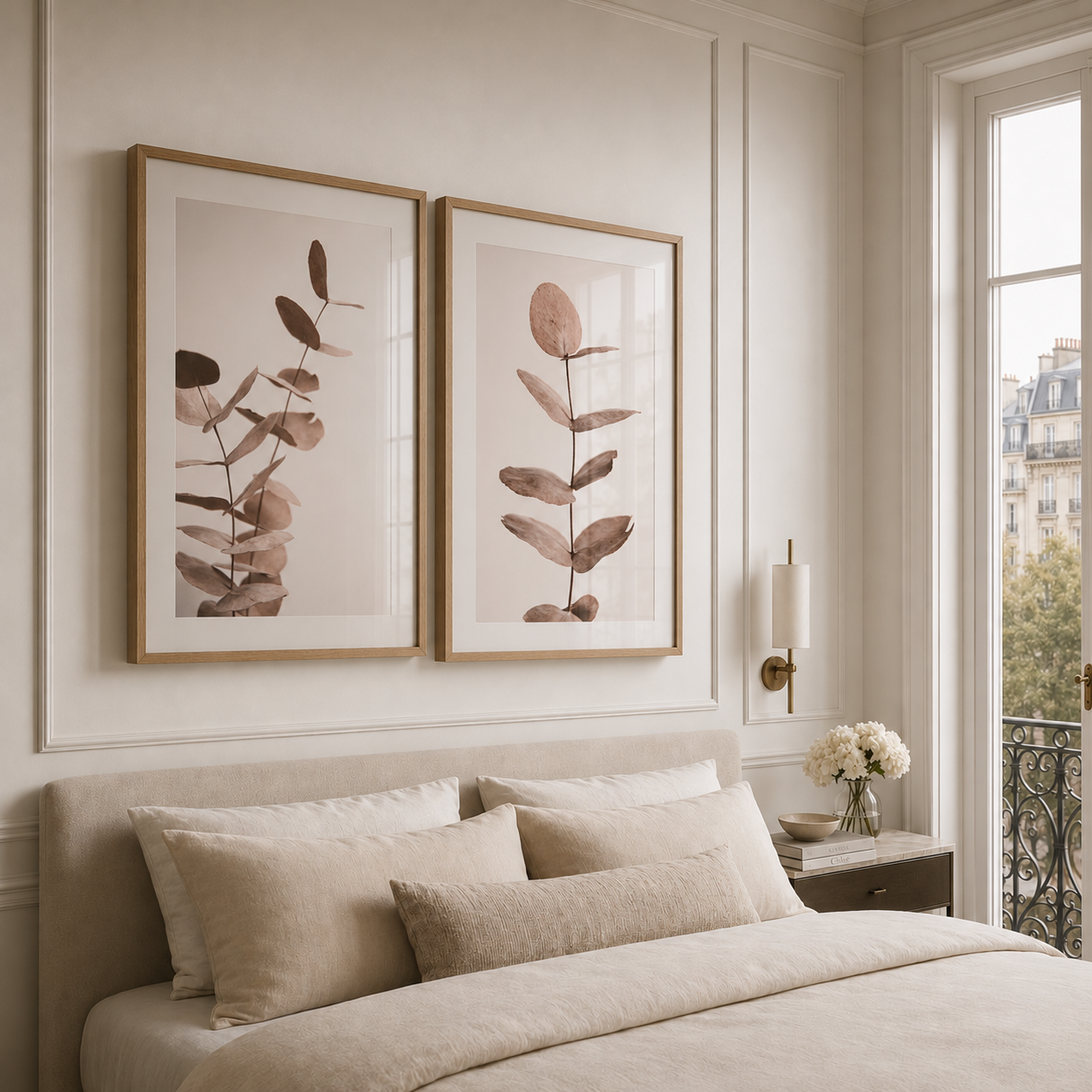 Two vertical framed botanical prints with muted brown leafy stems on a warm beige background, displayed side by side above a neatly made bed in a softly lit bedroom.