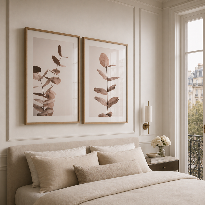 Two vertical framed botanical prints with muted brown leafy stems on a warm beige background, displayed side by side above a neatly made bed in a softly lit bedroom.
