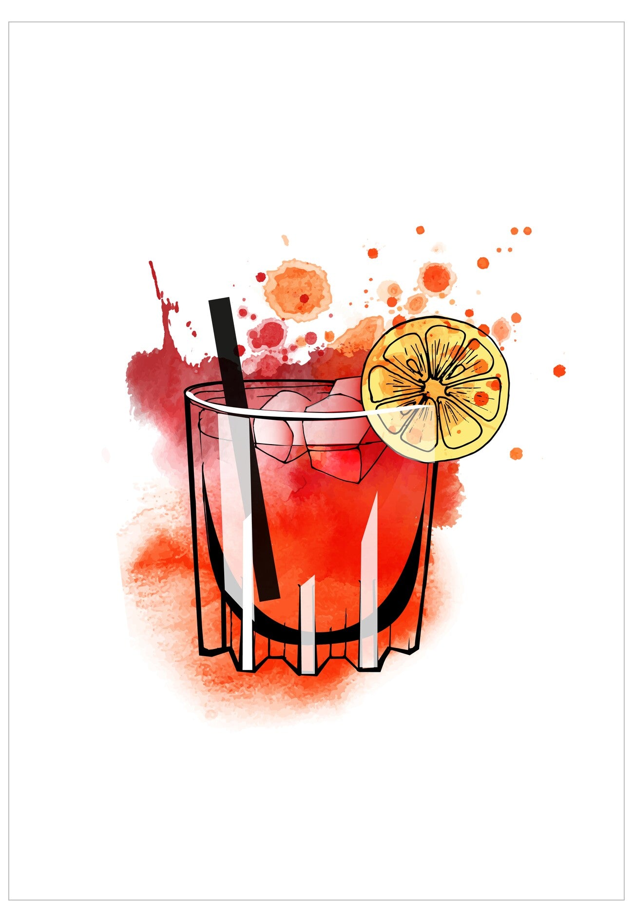 Illustration of a cocktail with a lemon wheel and straw on a white background with red and orange splashes.
