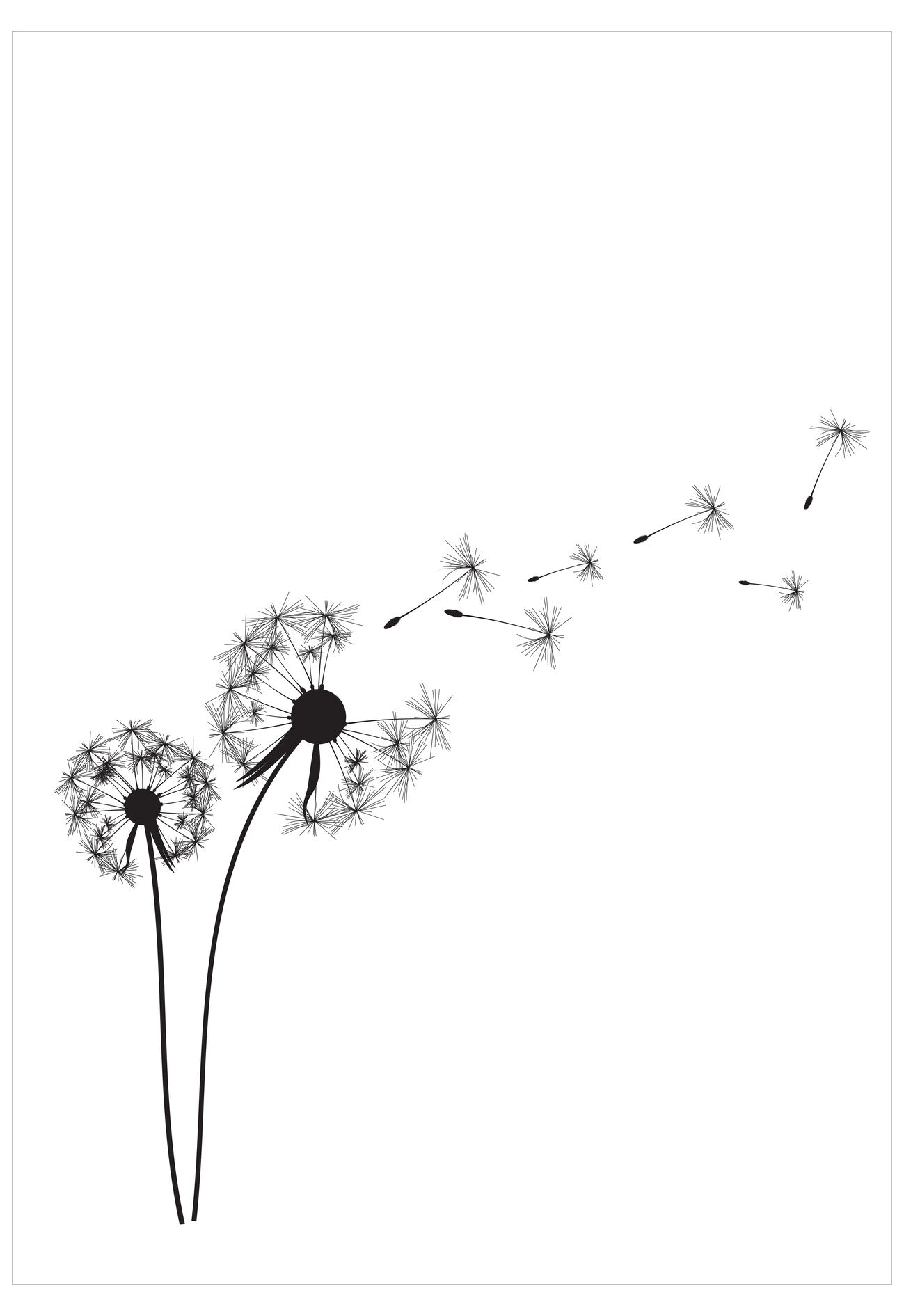 Black and white illustration of dandelions with seeds blowing away on a white background