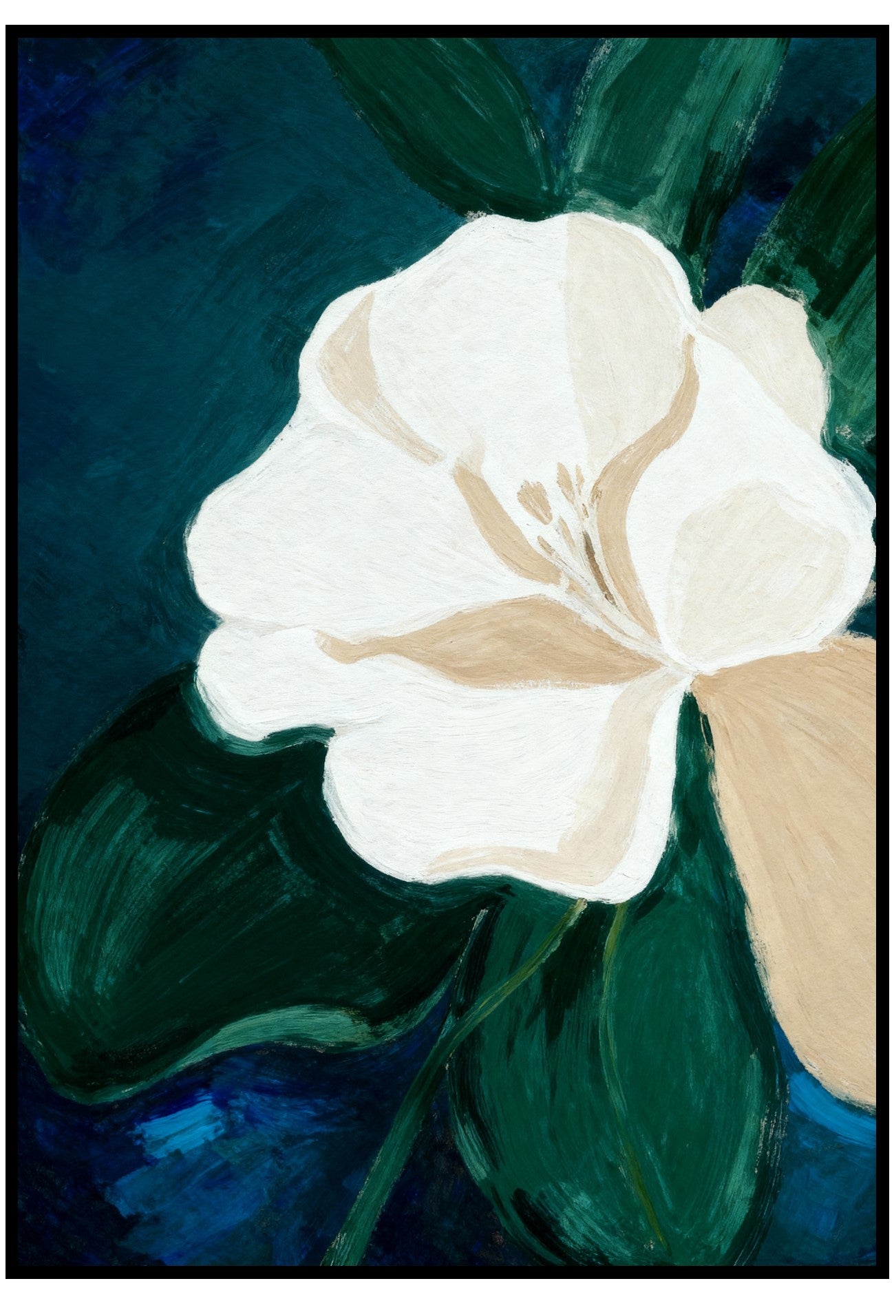 Painting of a white flower with green leaves on a dark background
