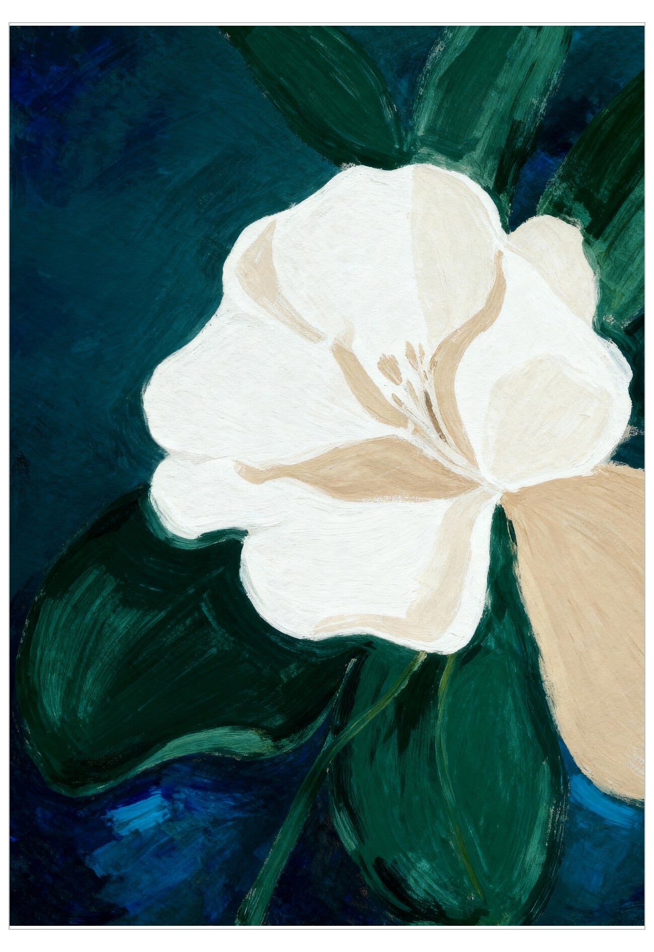 Painting of a white flower with green leaves on a dark blue background