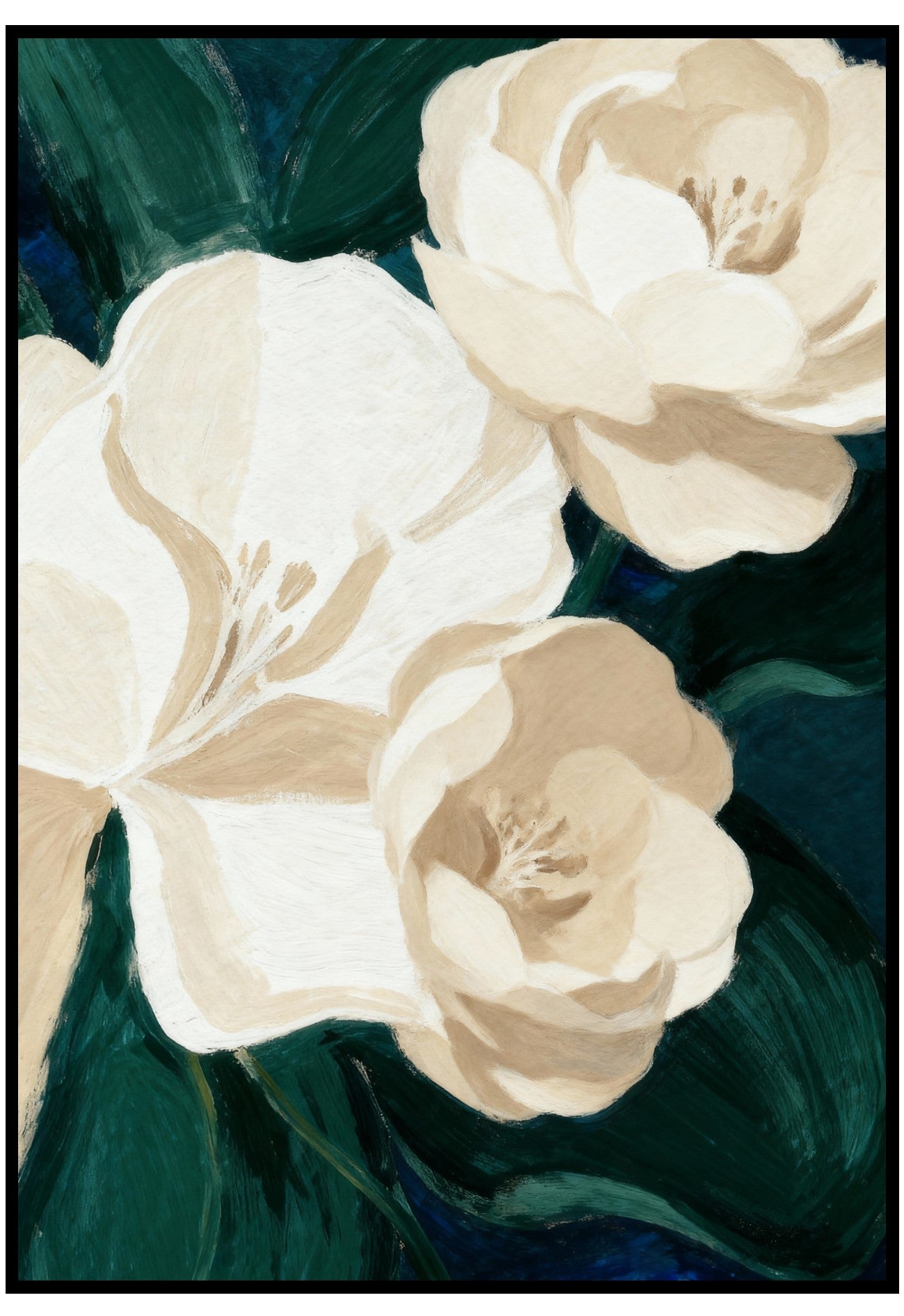 Artistic depiction of white flowers with green leaves on a dark background