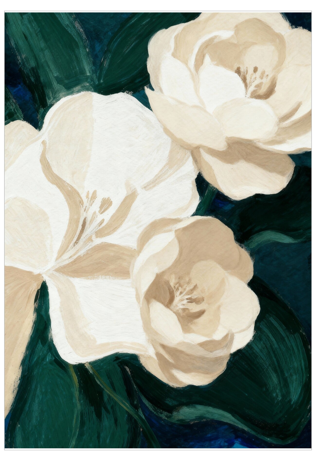 Artistic depiction of white flowers with green leaves on a dark background
