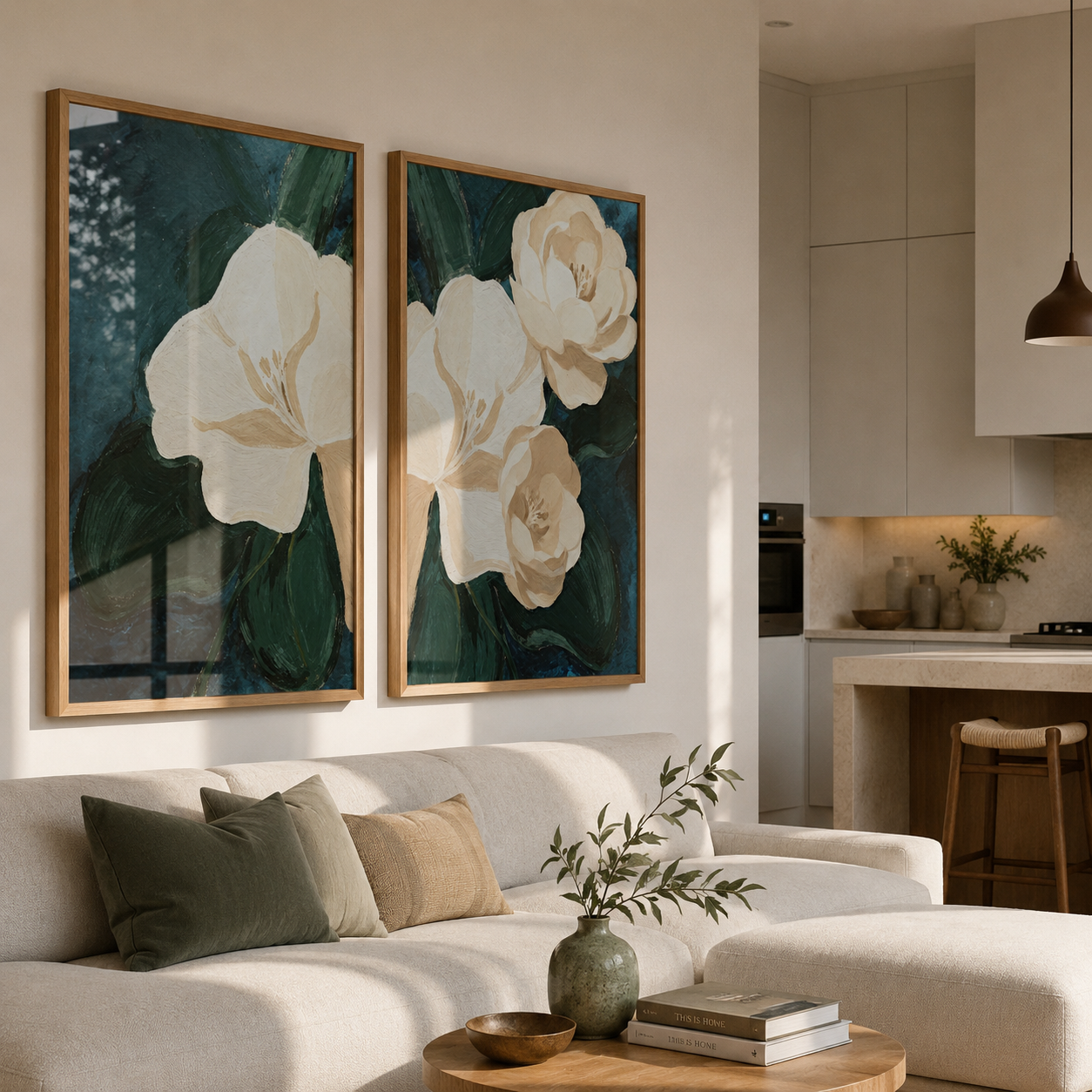 Living room with floral artwork on the wall and a couch with decorative pillows.