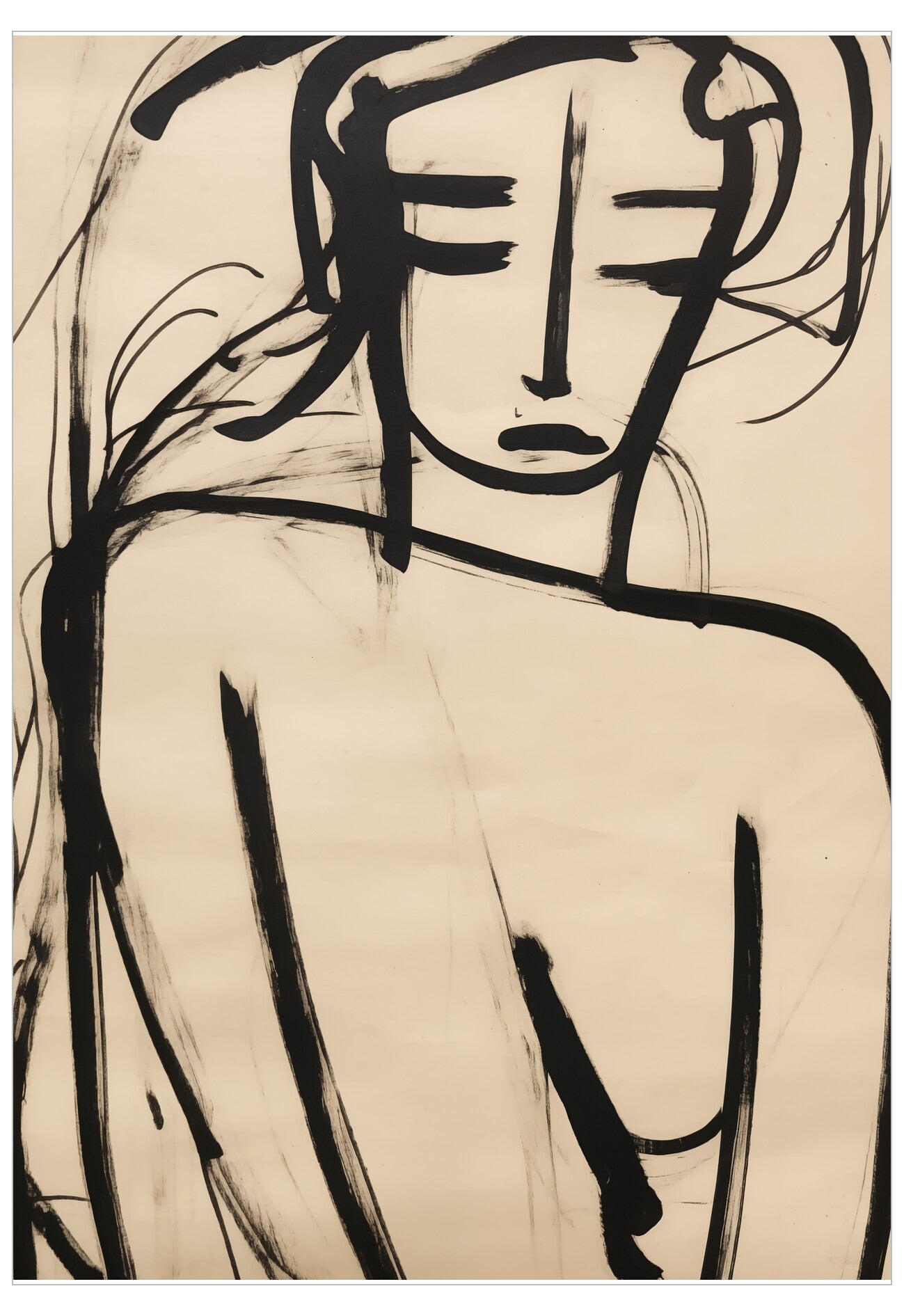 Abstract line drawing of a nude figure on a beige background