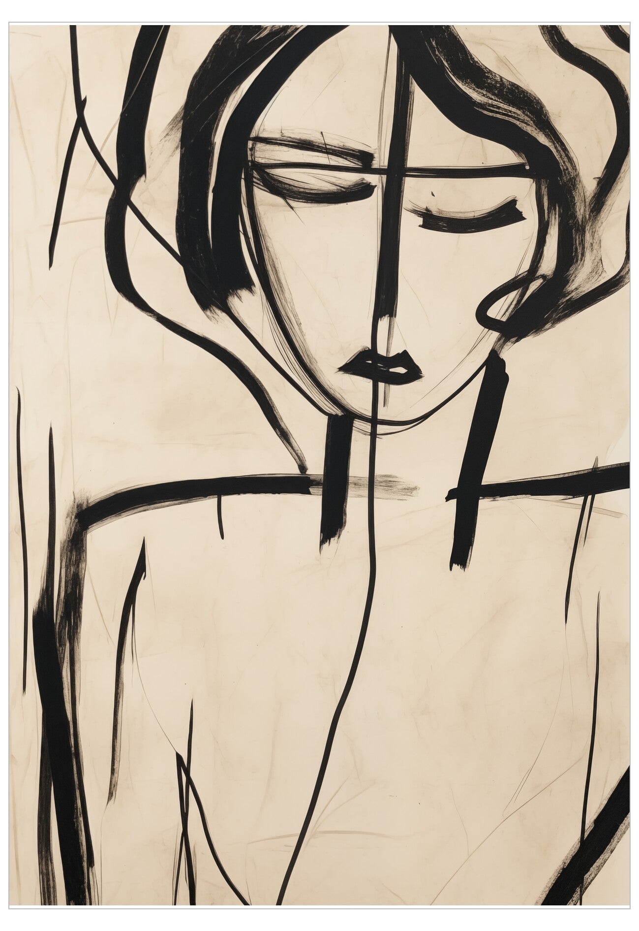 Abstract line art of a face on a beige background