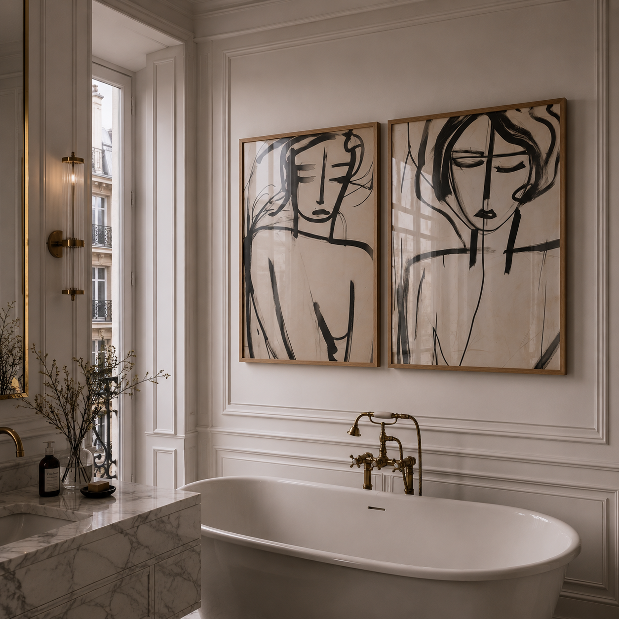 Modern bathroom with freestanding bathtub, marble tiles, and abstract wall art.