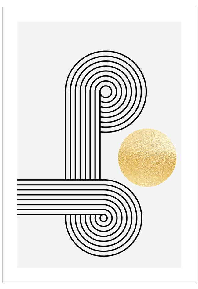 Geometric design with black concentric circles and a gold circle on a white background