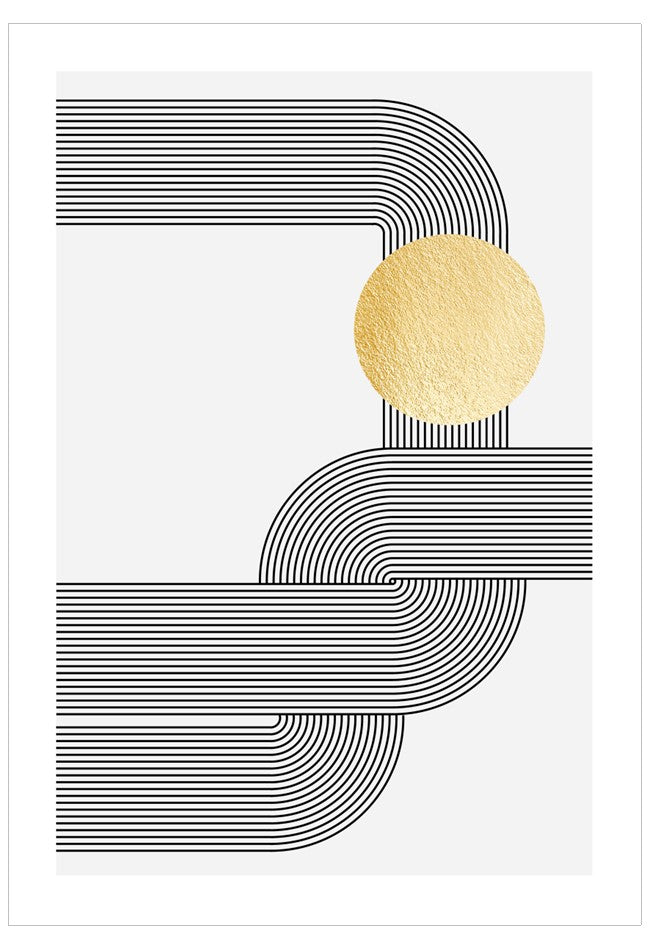Geometric design with black lines and a gold circle on a white background