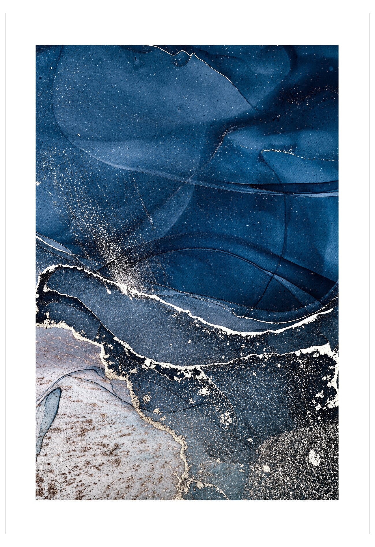 Abstract art piece with blue and white colors on a white background