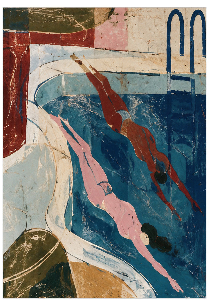 abstract colourful illustration of two swimmers in a swimming pool