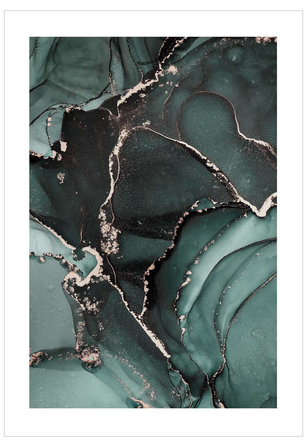 Abstract art with teal, black, and gold colors on a white background