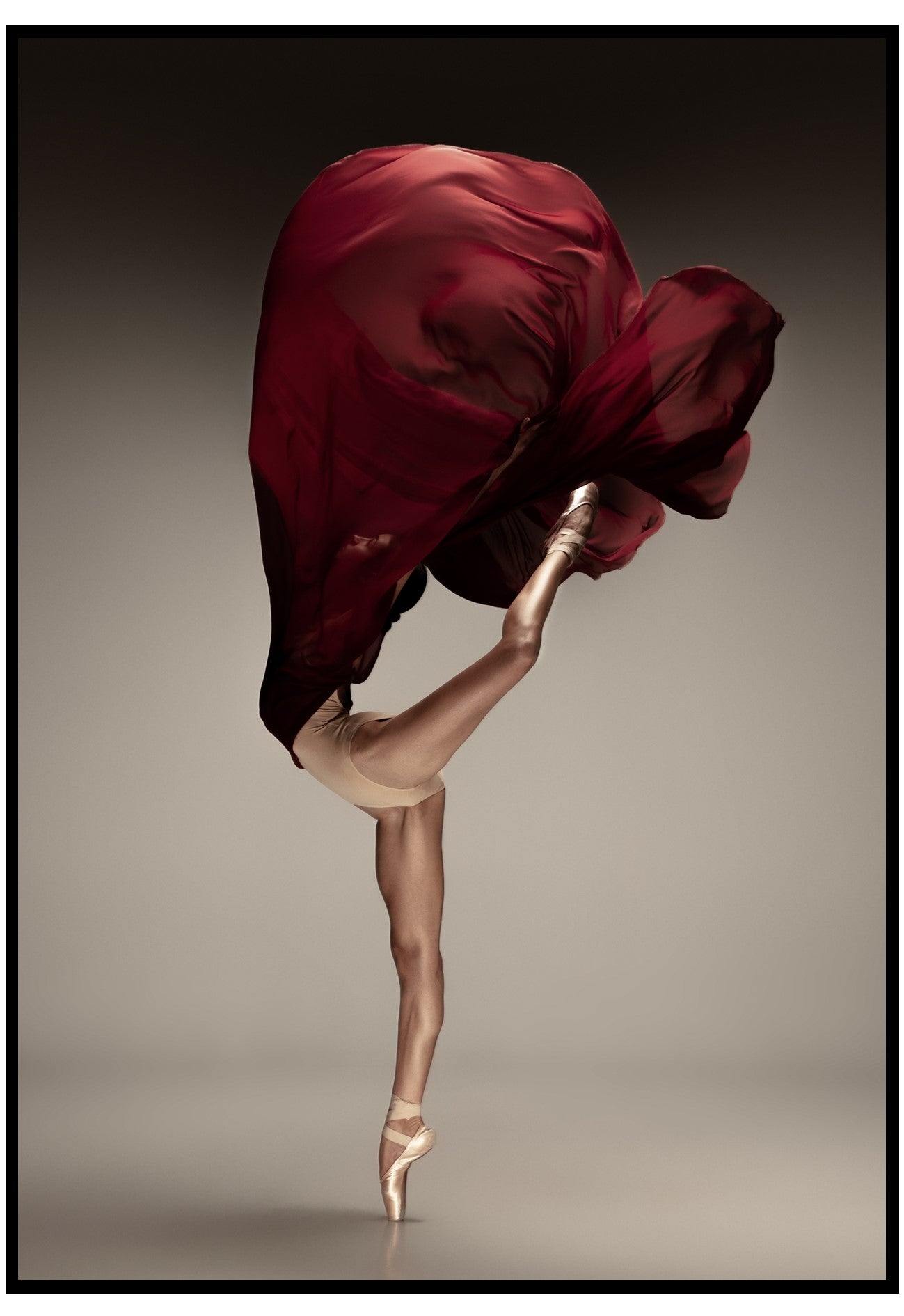 Dancer with a red fabric draped over their head against a neutral background