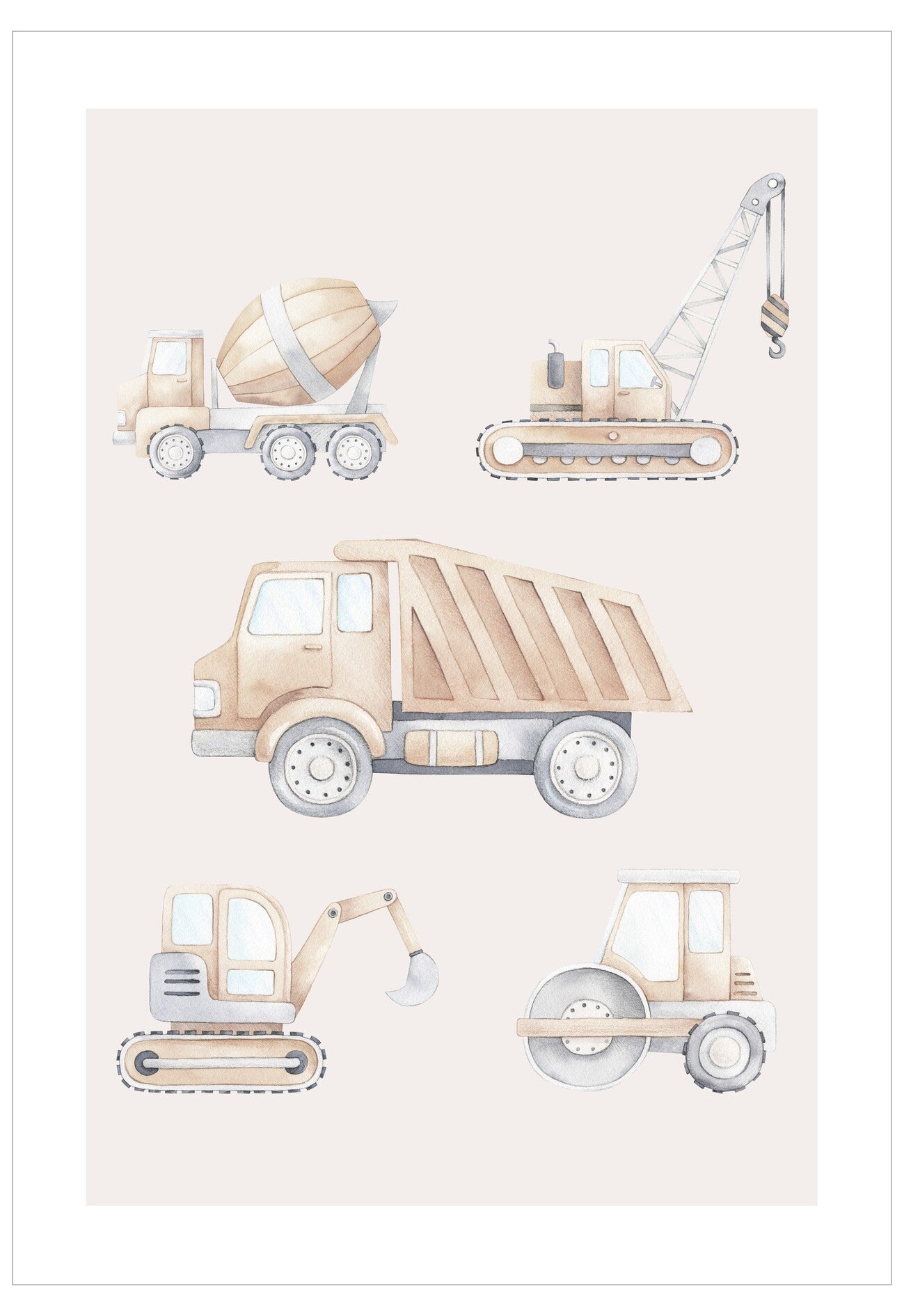 Illustrations of construction vehicles on a light pink background