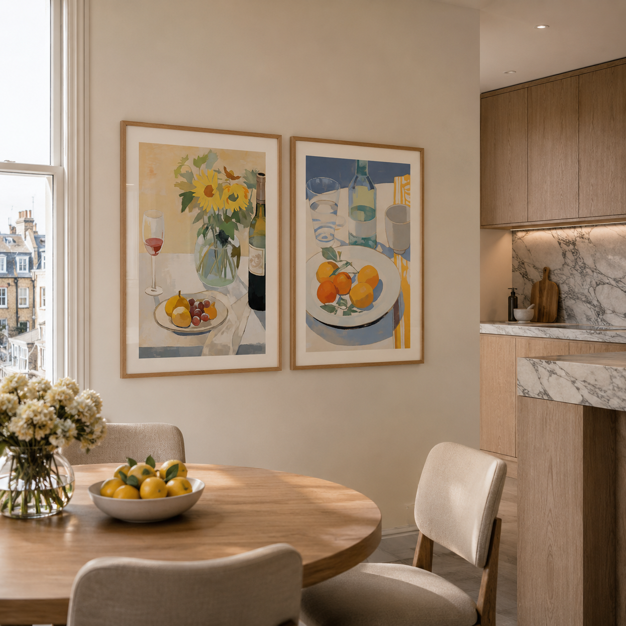 Dining room with a round table, chairs, and wall art depicting fruits and a bottle.