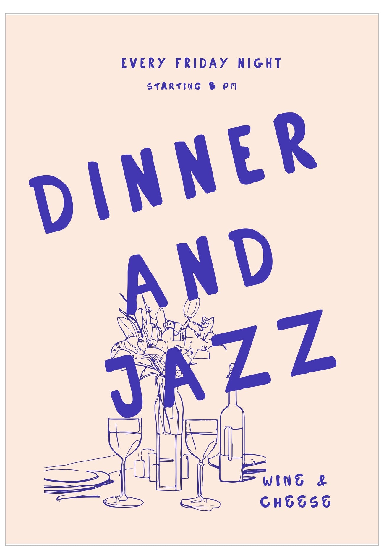 Promotional poster for 'Dinner and Jazz' event with table setting illustration on a beige background.