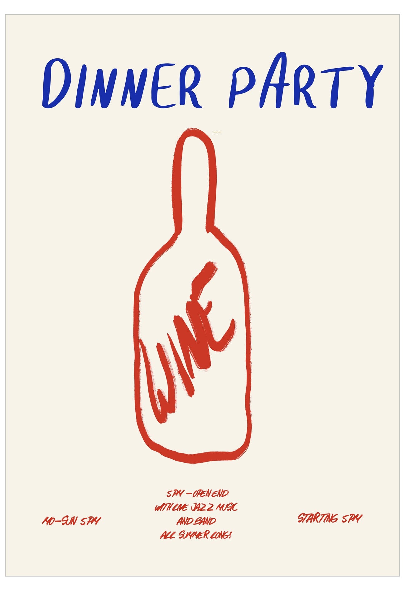 Poster with 'Dinner Party' text and a red wine bottle outline on a beige background