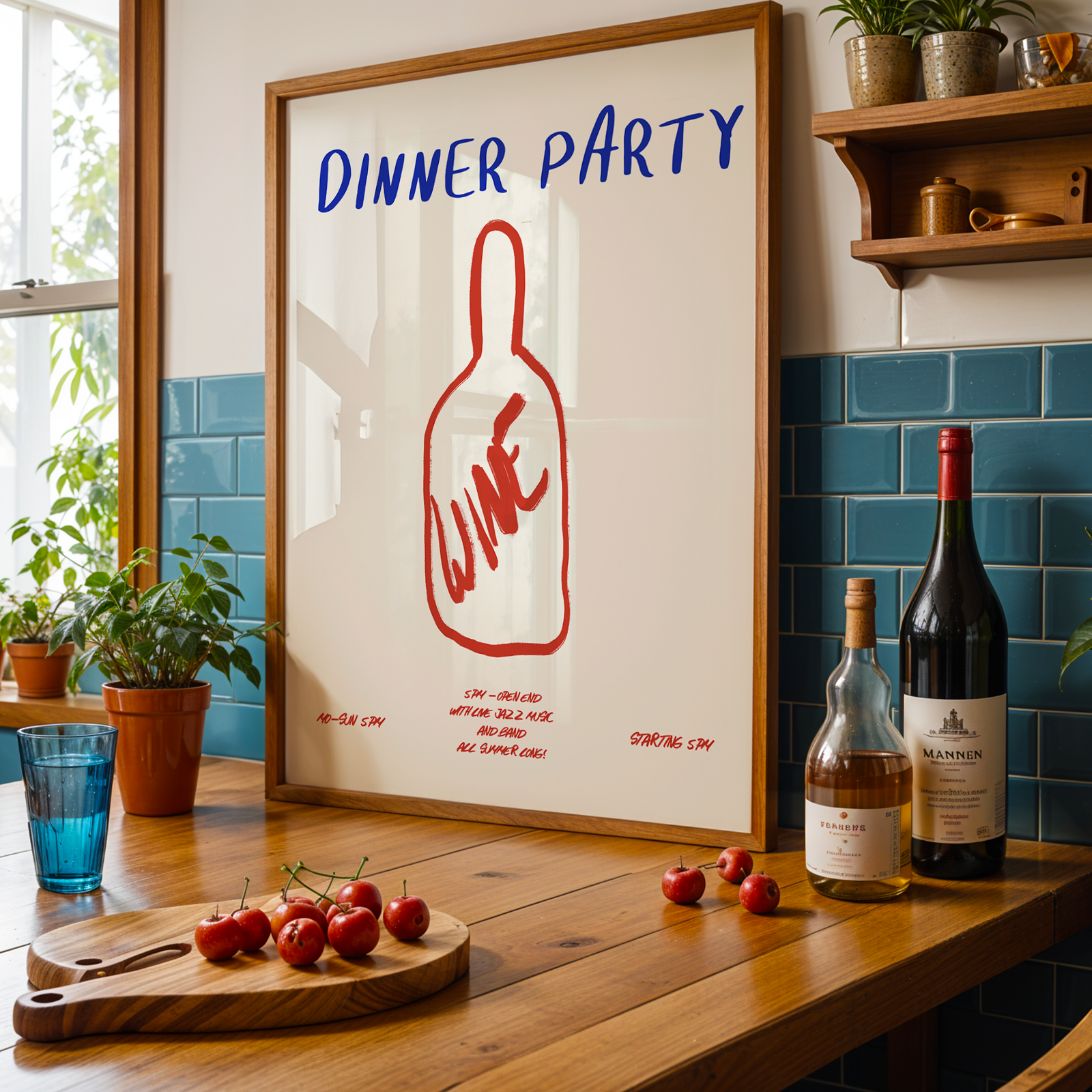 Dinner party setup with wine bottles, fruit, and a framed poster on a table.