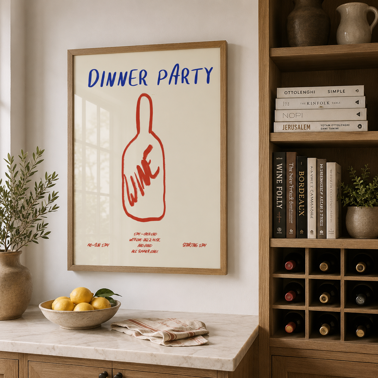 Framed poster with 'Dinner Party' text and wine bottle graphic in a kitchen setting.