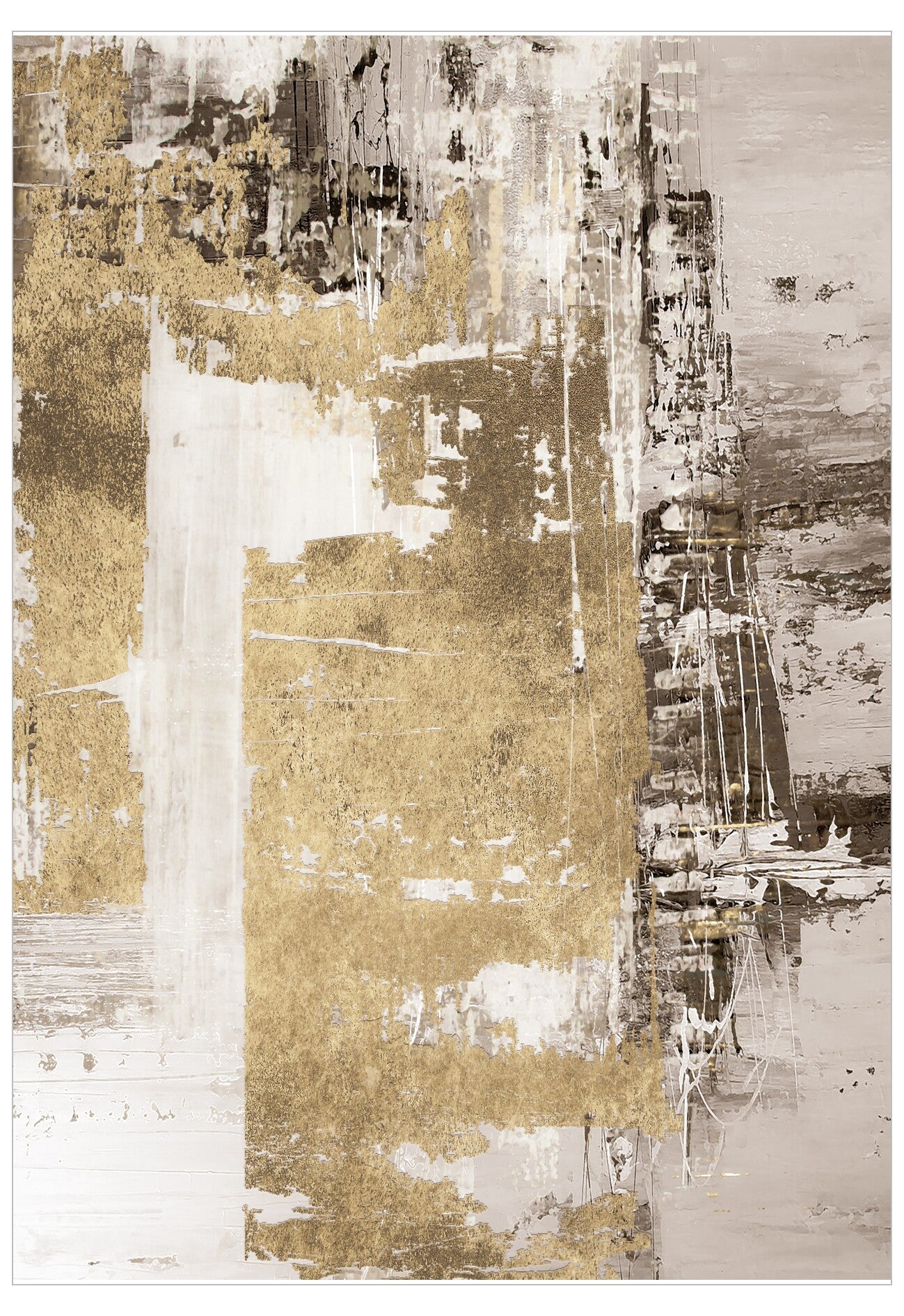 Abstract art piece with gold, black, and white colors on a textured background