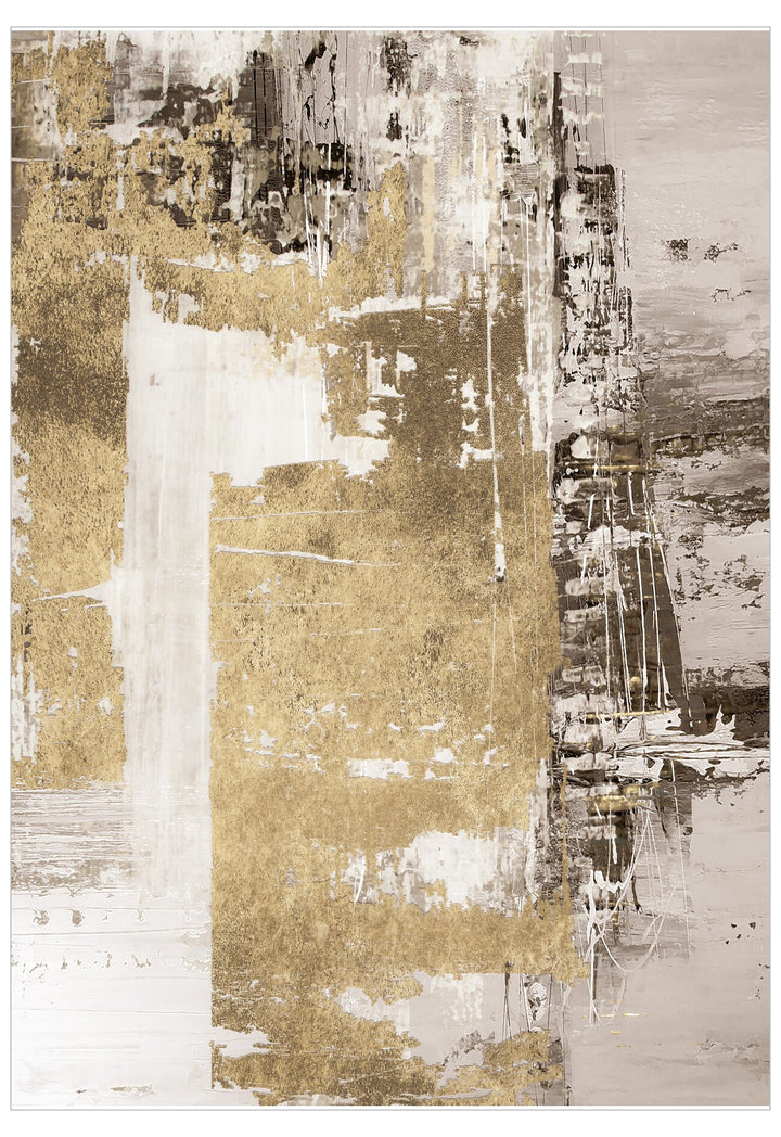 Abstract art piece with gold, black, and white colors on a textured background