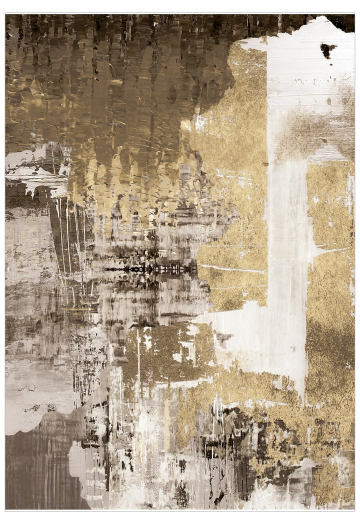 Abstract art piece with gold, black, and white colors on a textured background