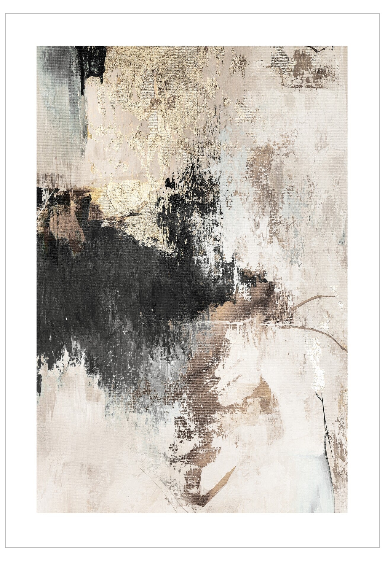 Abstract art print with black, white, and beige colors on a textured background