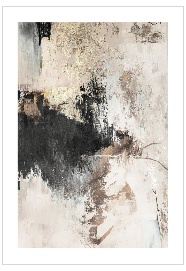Abstract art print with black, white, and beige colors on a textured background
