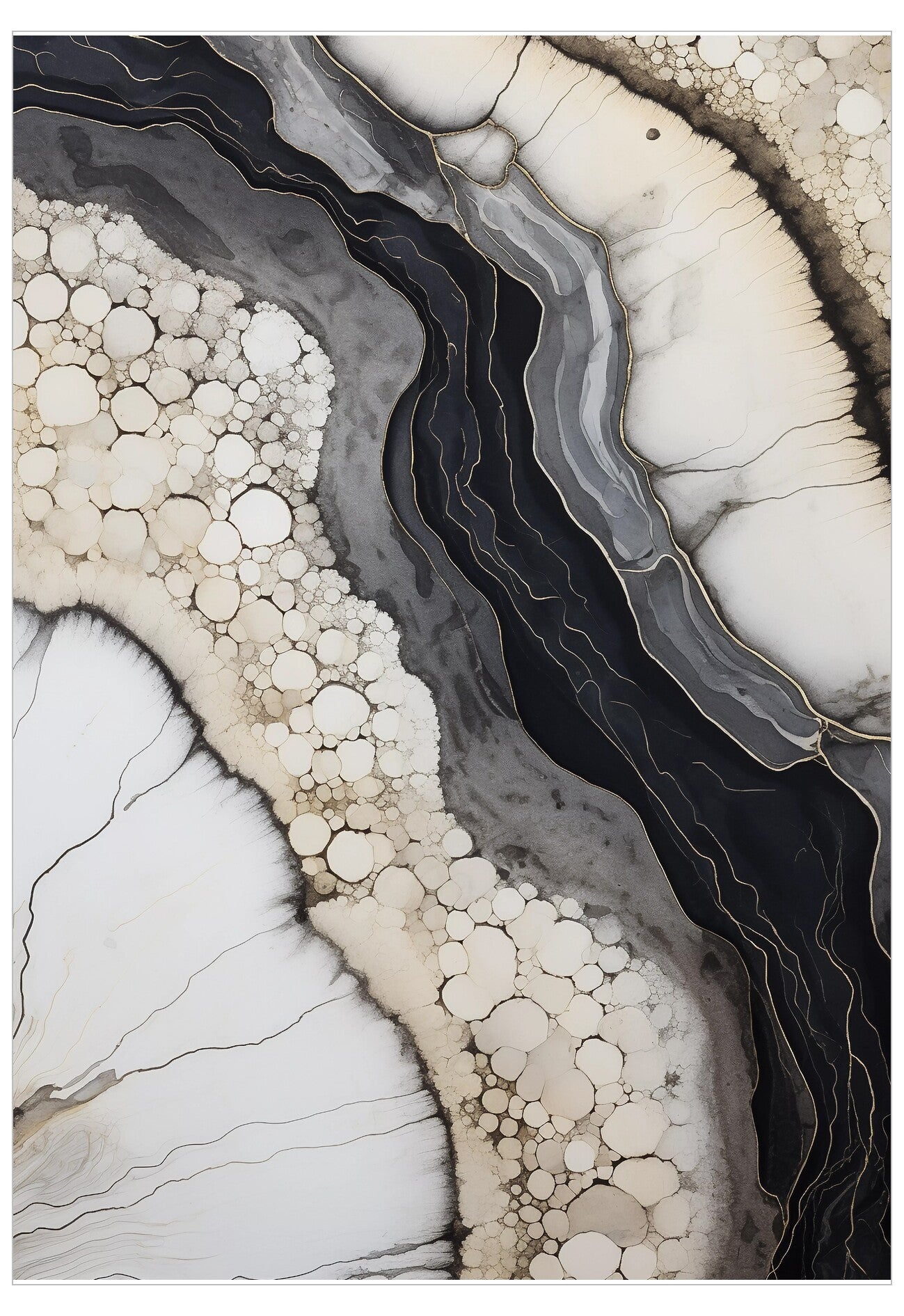 Abstract art piece with flowing black, gray, and beige patterns