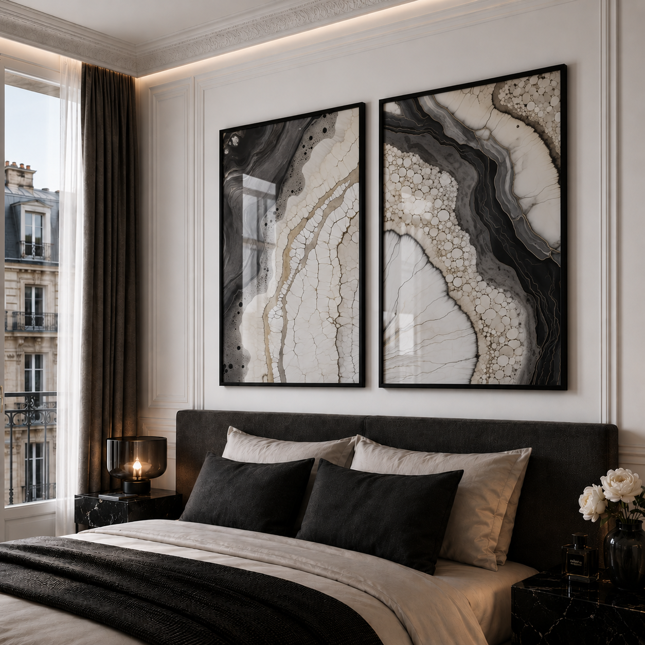 Modern bedroom with abstract wall art and a bed.