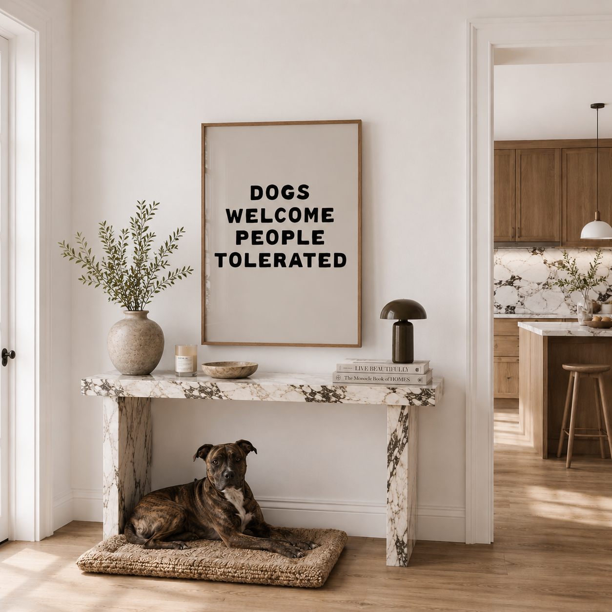 Dog lying on a mat in a living room with a framed poster on the wall.