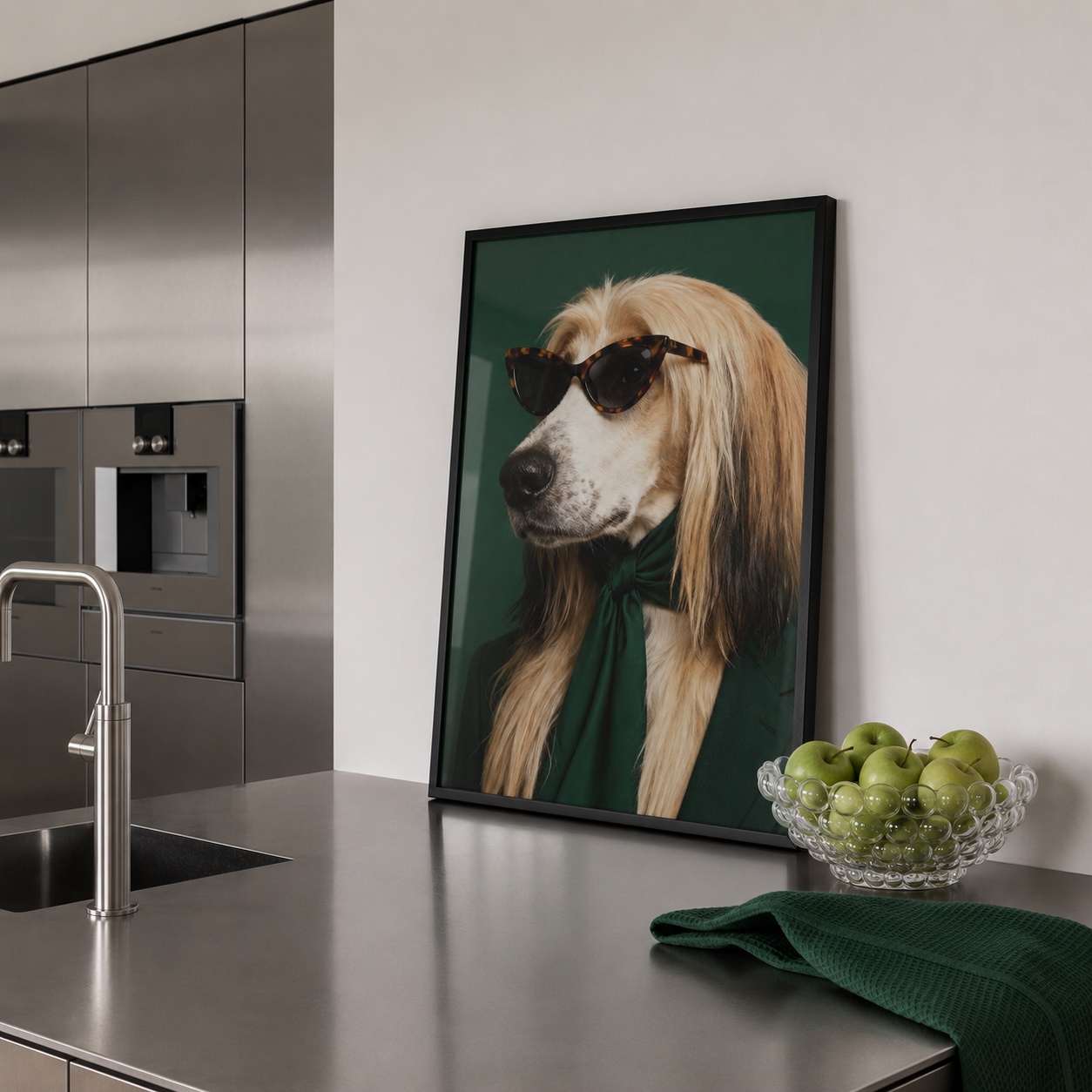 Framed picture of a dog wearing sunglasses on a kitchen counter with apples and a green towel.